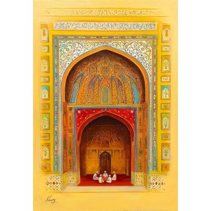 S. A. Noory, Wazir Khan Mosque - Lahore, 24 x 36 Inch, Acrylic on Canvas, Cityscape Painting, AC-SAN-120
